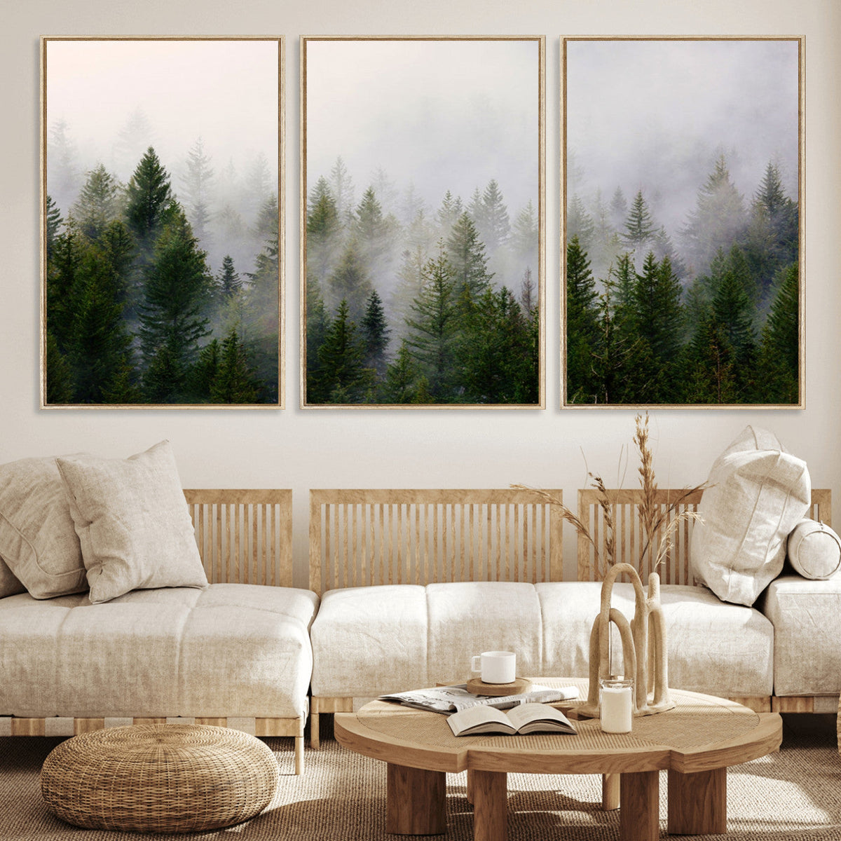 Misty Pine Forest Wall Art Canvas Print | 3 Panel Green