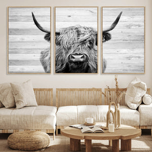 Scottish Highland Cow Cattle Art Print on Wood Background