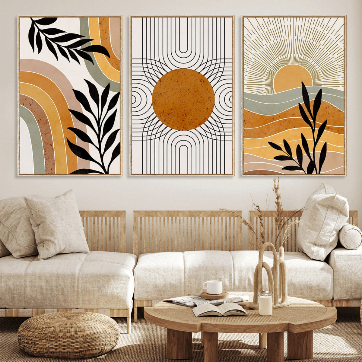Modern Boho Sun and Leaf Abstract Art – 3-Panel Giclée