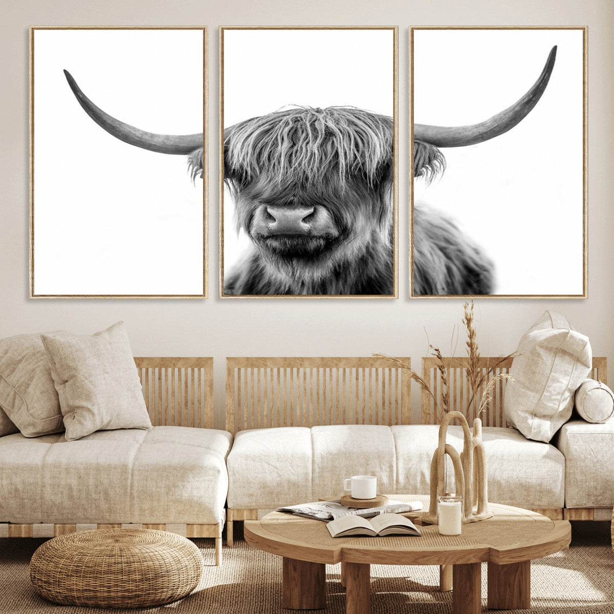 Grayscale Scottish Highland Cow Cattle Art Print Farmhouse