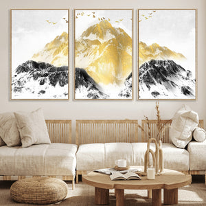 Golden Mountain Triptych Wall Art Canvas Print, Modern