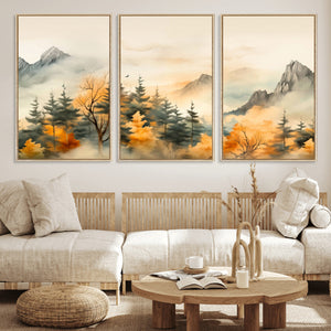 Abstract Watercolor Mountains and Trees Autumn Art,