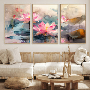 Lotus Flower Wall Art | 3-Panel Giclee Canvas Print of Pink