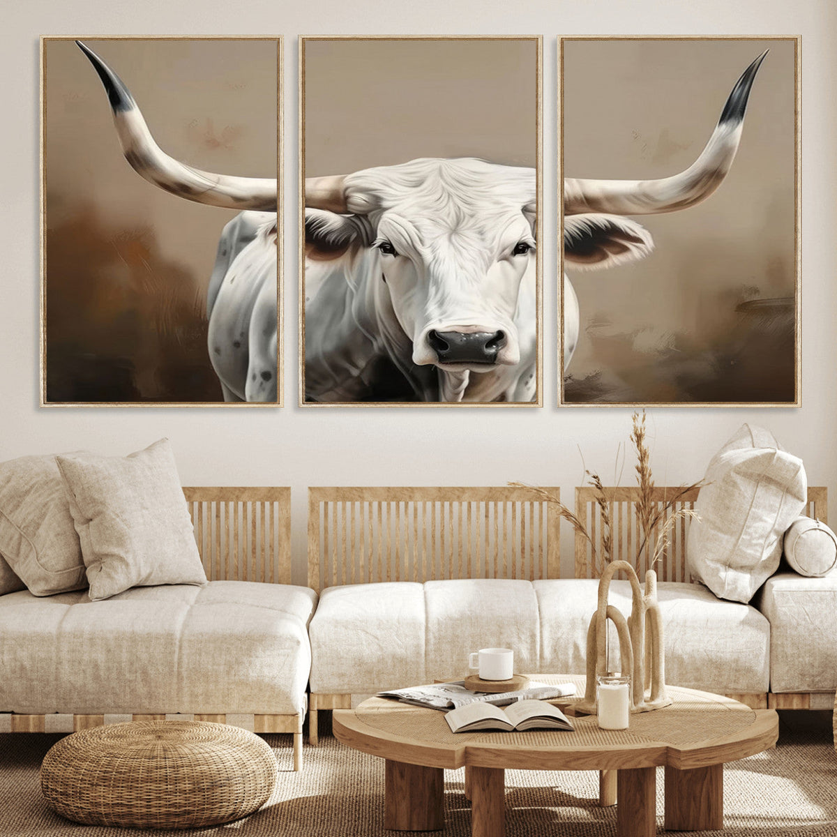 White Longhorn Bull Wall Art Canvas Print – Framed and Ready