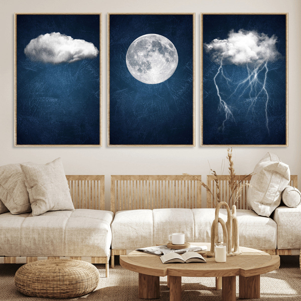 Dark Blue Cloud Art, 3 Piece Indigo Blue Wall Art, Aesthetic