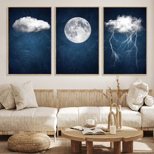 Dark Blue Cloud Art, 3 Piece Indigo Blue Wall Art, Aesthetic