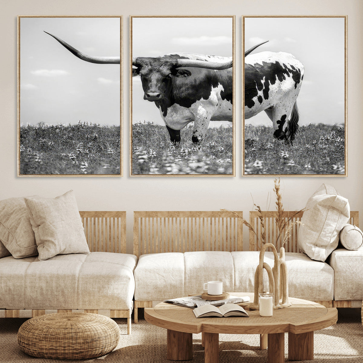 Texas Black White Highland Longhorn Cow Wall Art Canvas
