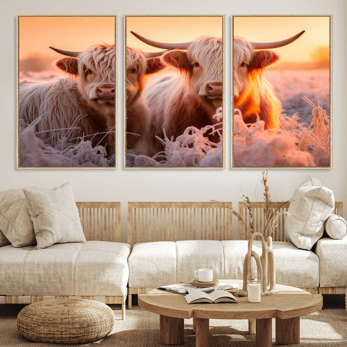 Highland Cows at Sunrise Wall Art Canvas Set – Serene and