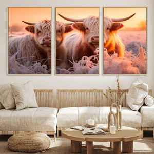 Highland Cows at Sunrise Wall Art Canvas Set – Serene and