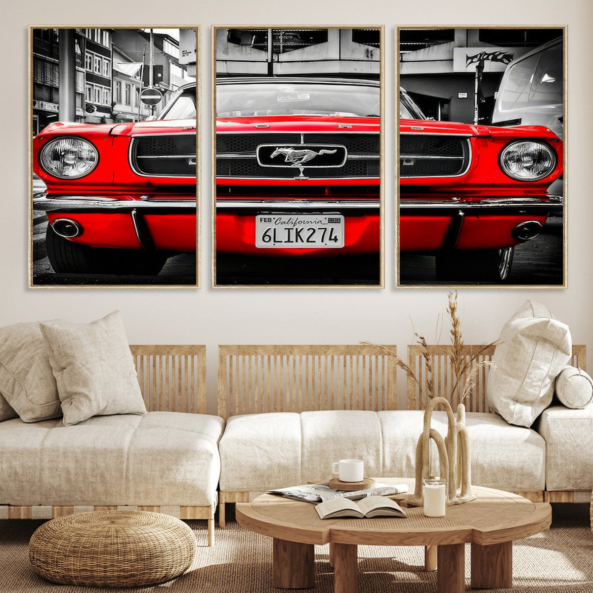 Red Mustang Car Wall Art – Framed Classic Vehicle Canvas