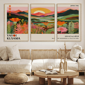 Framed Yayoi Kusama Print, Vibrant Floral Mountain Art