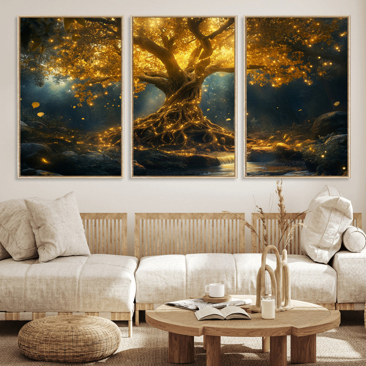 Golden Tree of Life Canvas Wall Art Print - Majestic Glowing