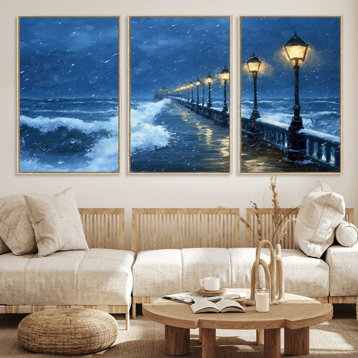 Stormy Ocean Pier Lights Canvas Wall Art Print - Large Moody
