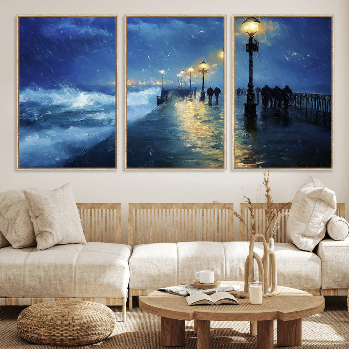 Storm Ocean Pier Canvas Wall Art Print - Large Moody Night