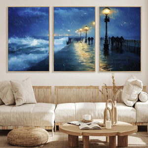 Storm Ocean Pier Canvas Wall Art Print - Large Moody Night