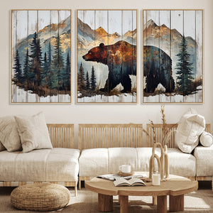 Rustic Grizzly 399 Bear and Mountain Wood Canvas Wall Art -