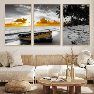 Yellow Rowboat Wall Art – Framed Tropical Shoreline Canvas
