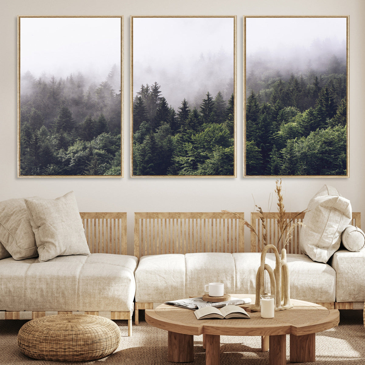 Misty Forest Wall Art Canvas Print, Serene Foggy Pines and