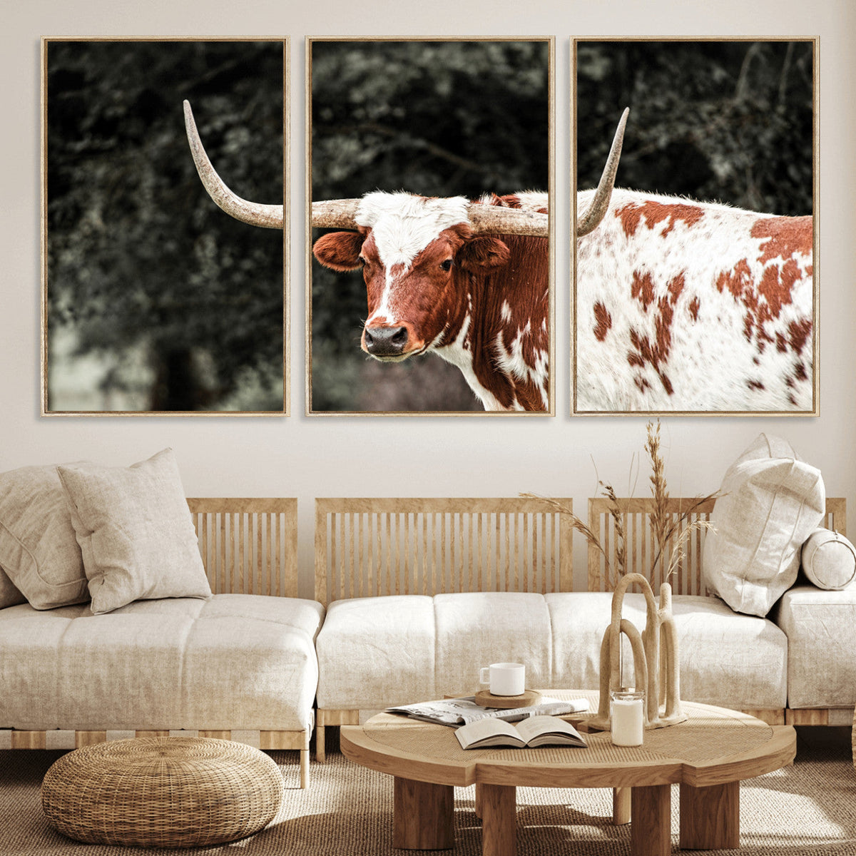 Texas Longhorn Wall Art Canvas Print – Framed Spotted Bull