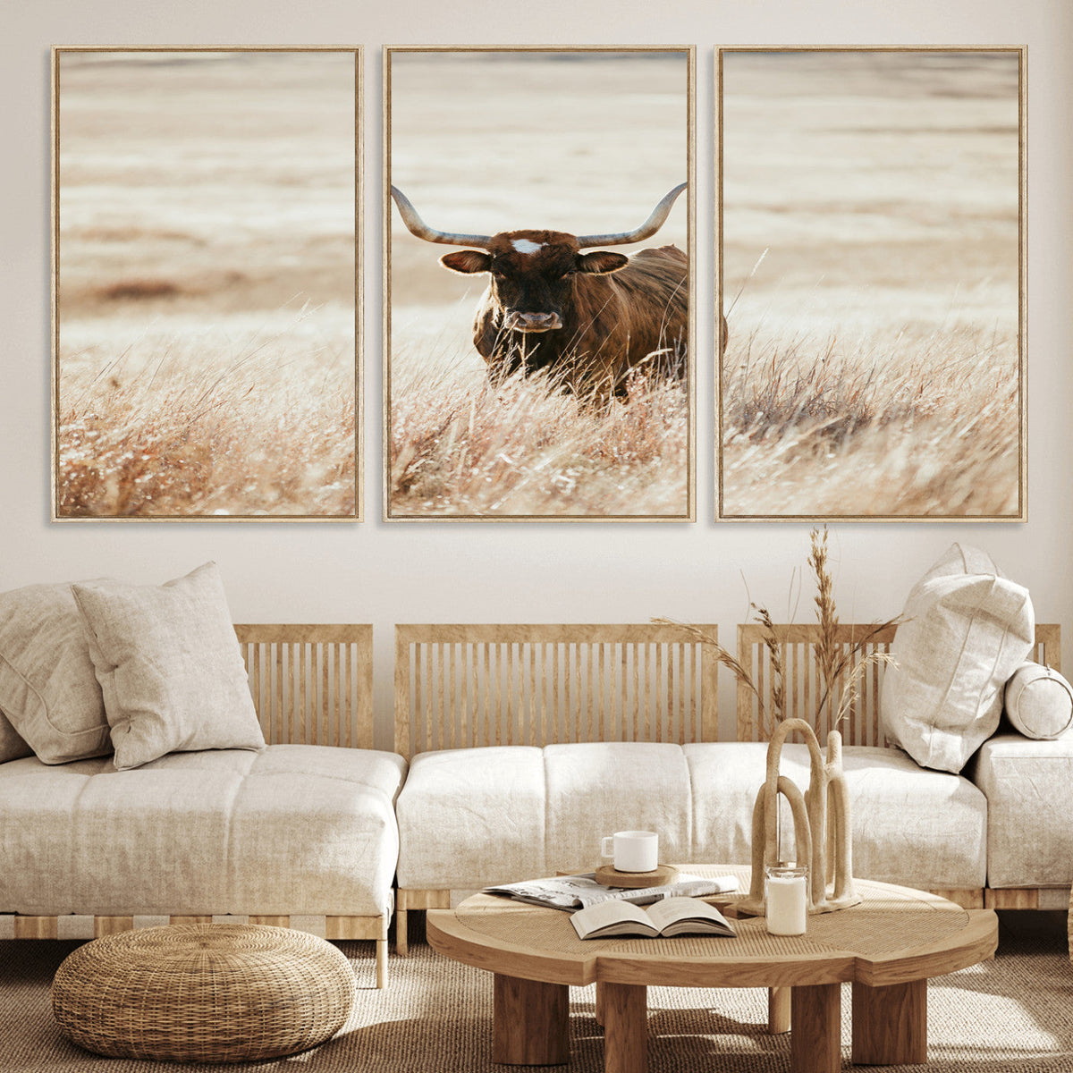 Texas Longhorn Wall Art Canvas Print – Framed Brown Horned