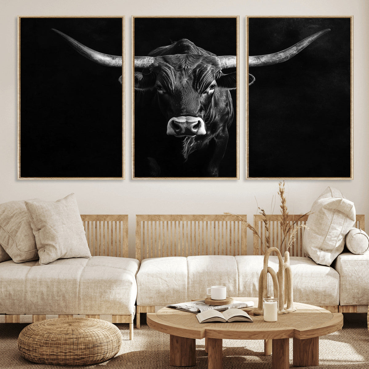 Texas Longhorn Wall Art Canvas Print – Framed Monochrome