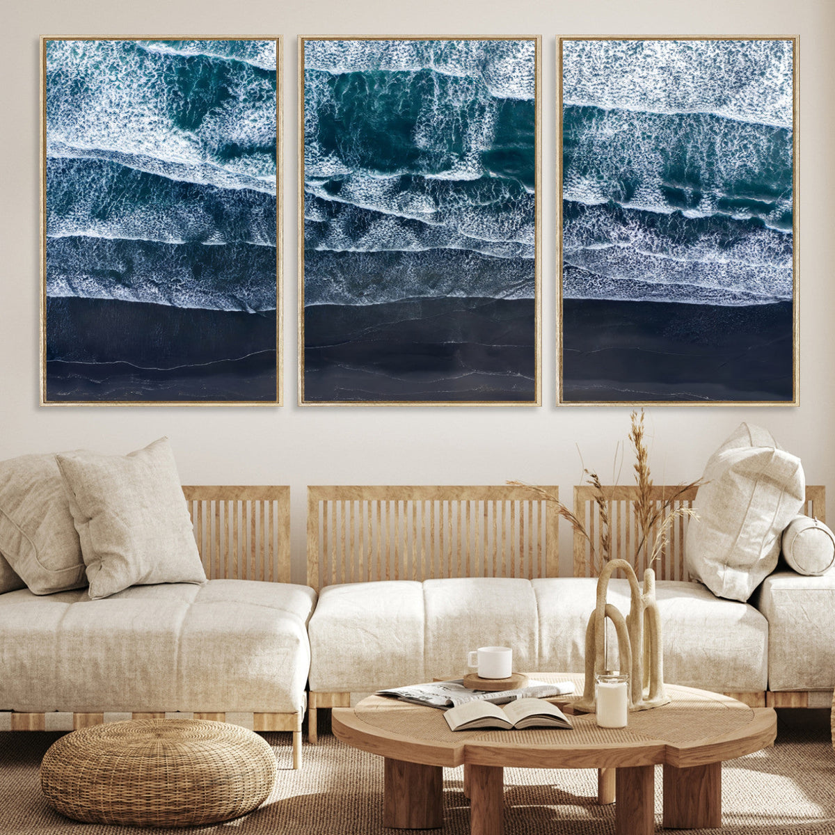 Black Beach Wall Art Canvas Print – Framed Aerial Ocean View