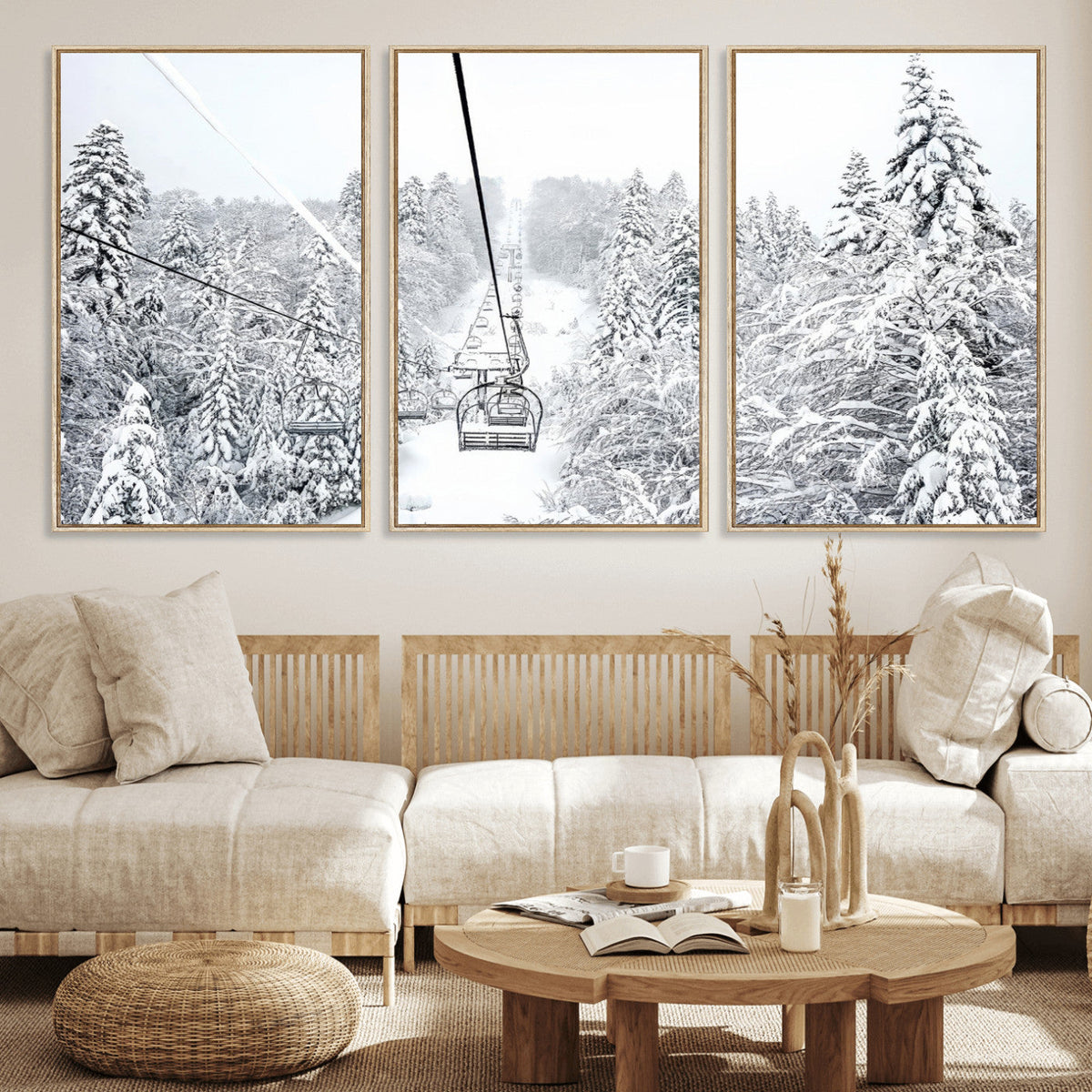 Snowy Ski Lift Wall Art – Framed Winter Mountain Canvas