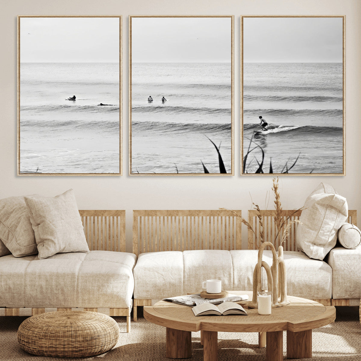 Surfer Silhouette Wall Art – Framed Calm Ocean Canvas