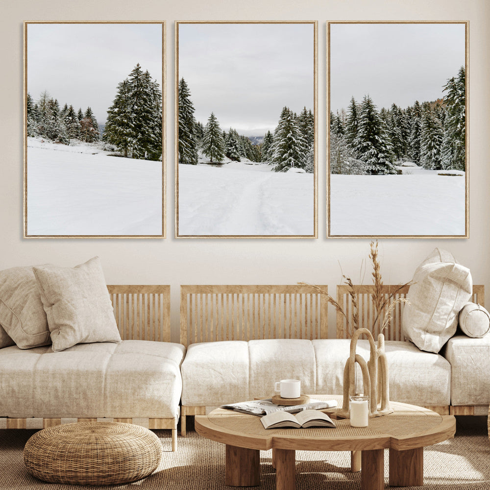 Frosty Pines Wall Art Canvas Print – Framed Silent Snowfall