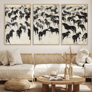 Wild Horse Stampede Wall Art Canvas Print – Monochrome