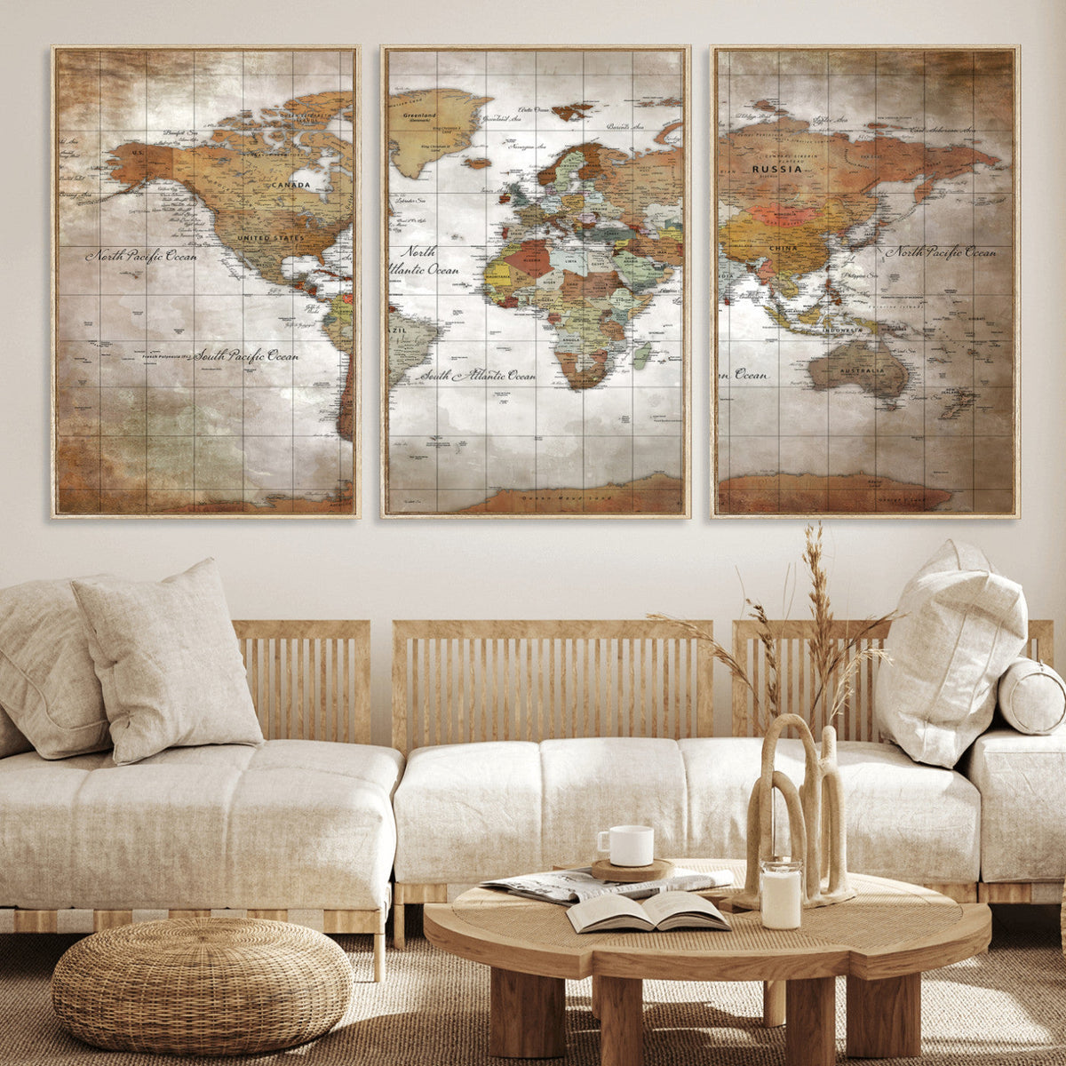 Vibrant Watercolor World Map Canvas Wall Art – Framed Travel