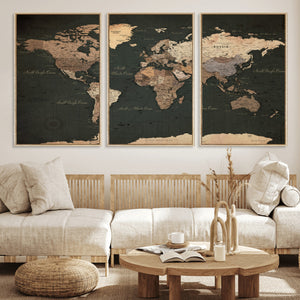 Vintage World Map Canvas Wall Art – Framed Travel Map for
