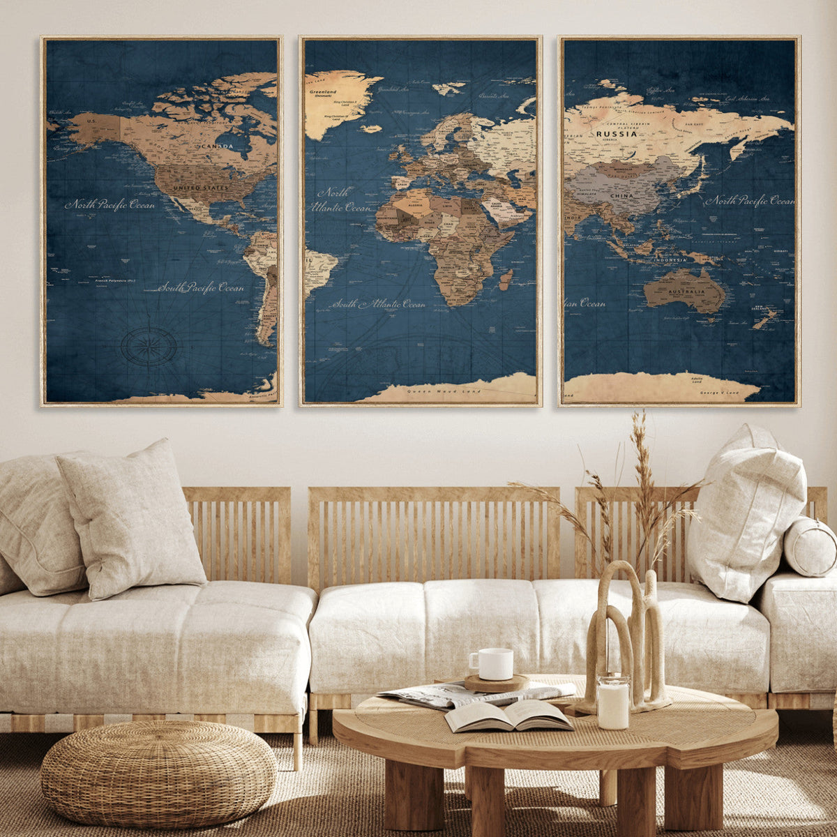 Navy Blue World Map Canvas Print – Framed Travel Map Wall