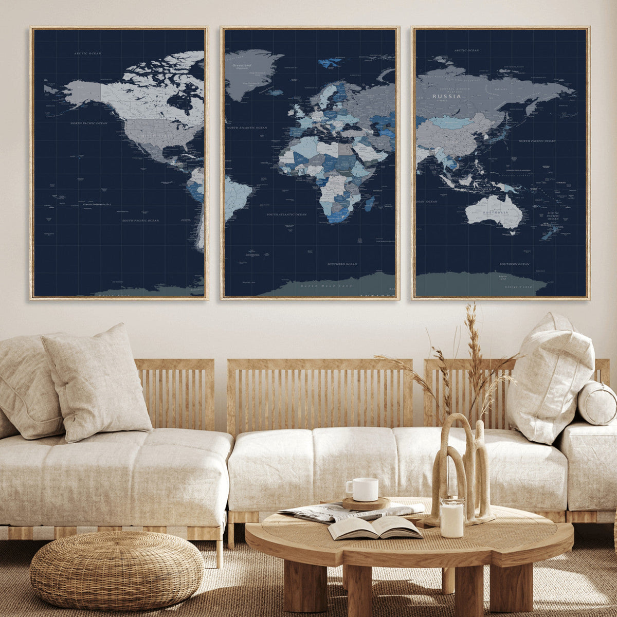 Blue Detailed World Map Wall Art Canvas Print, Modern Framed