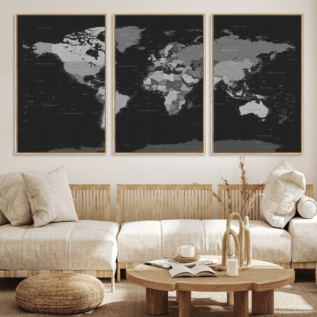Black World Map Wall Art Canvas Print – Detailed Map of the
