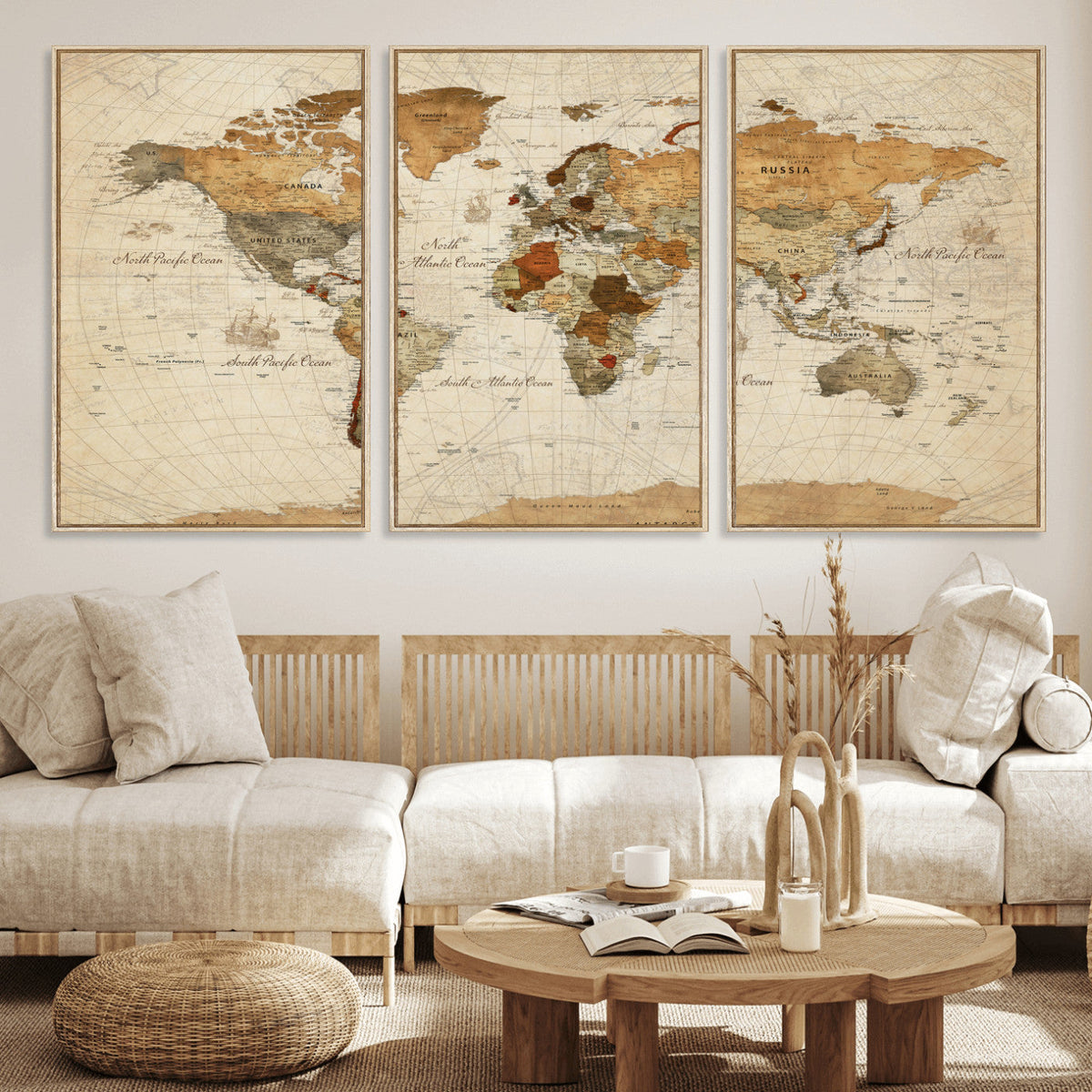 Rustic Vintage World Map Canvas Print – Framed Modern