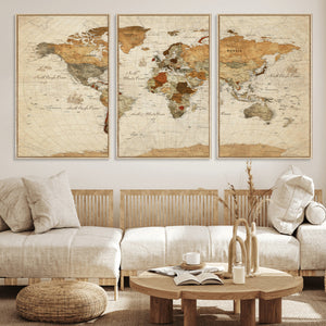 Rustic Vintage World Map Canvas Print – Framed Modern
