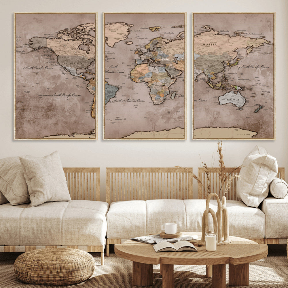 Grunge World Map Canvas Wall Art - Vintage Aged World Map