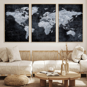 Black World Map Canvas Print – Detailed Map for Couples and
