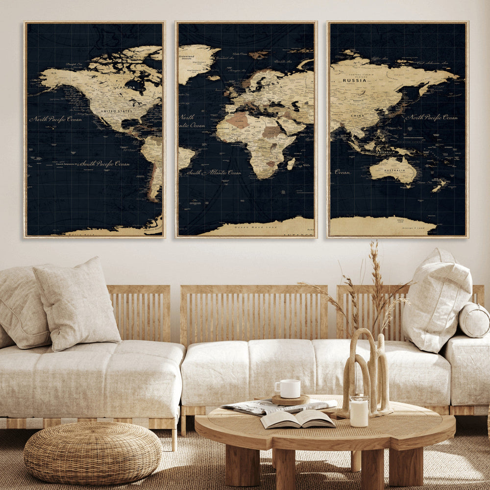 Dark World Map Canvas Wall Art Print, Minimal Black and Gold