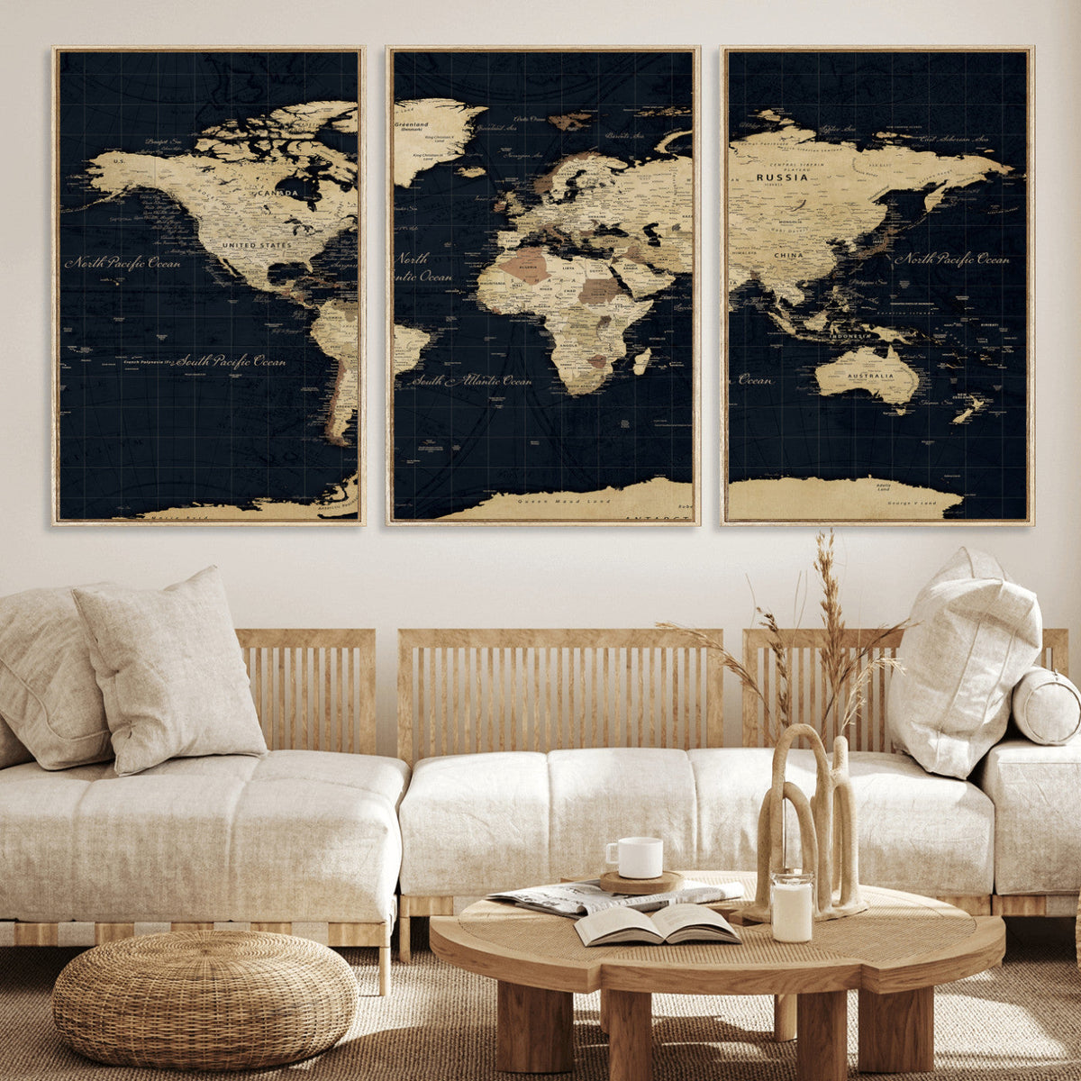 Dark World Map Canvas Wall Art Print, Minimal Black and Gold