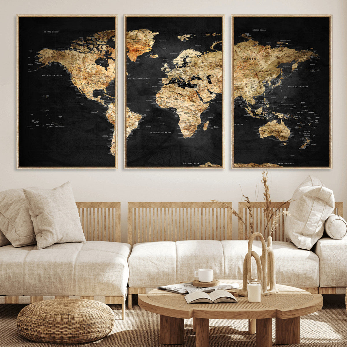 World Map Canvas Wall Art with Famous Landmarks – Framed