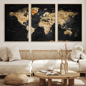 World Map Canvas Wall Art with Famous Landmarks – Framed
