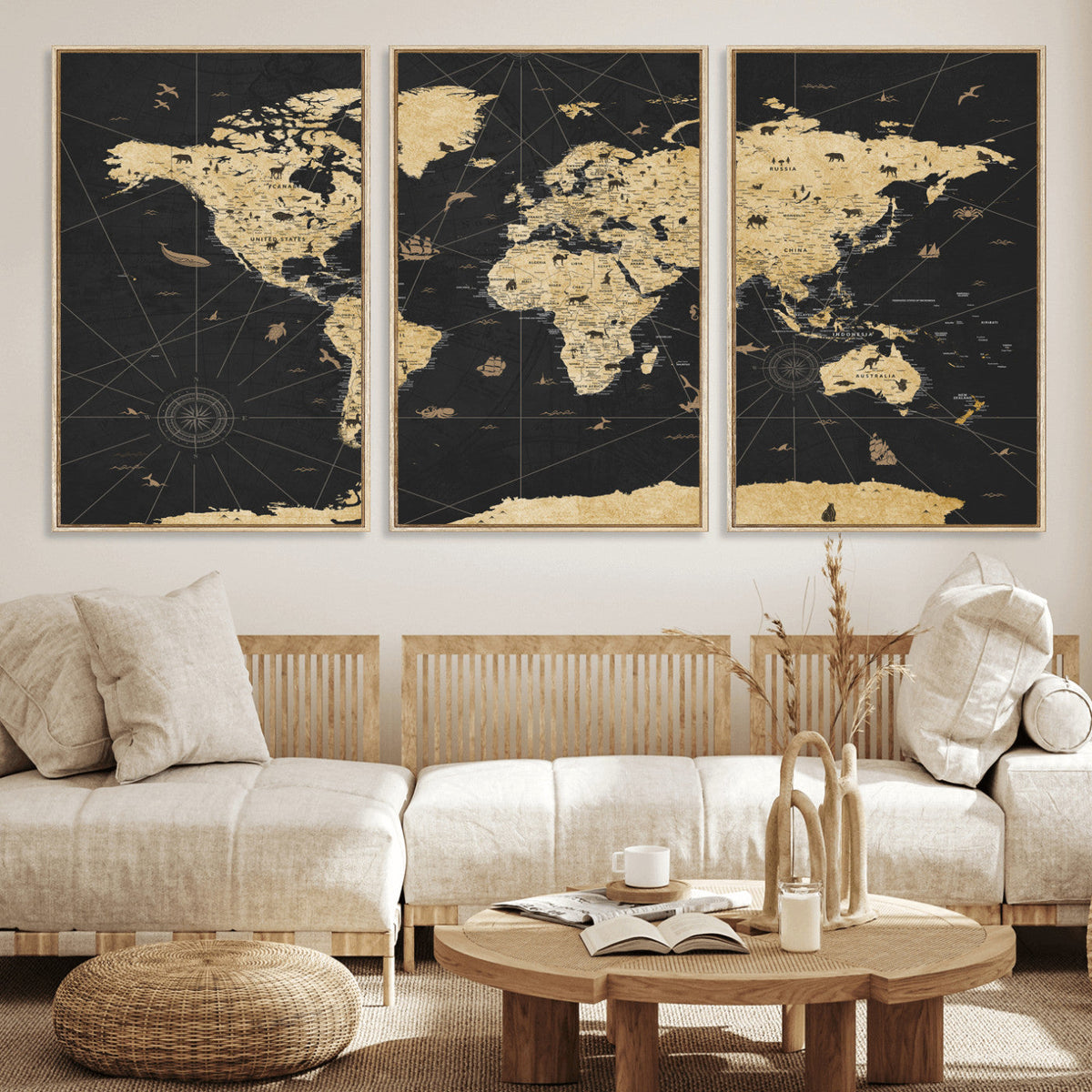 Vintage Blue and Brown World Map Canvas Wall Art – Framed