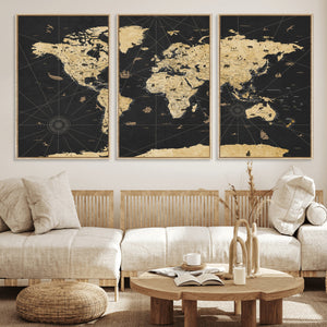 Vintage Blue and Brown World Map Canvas Wall Art – Framed