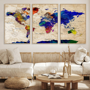 Watercolor World Map Canvas Print – Framed Wall Art for