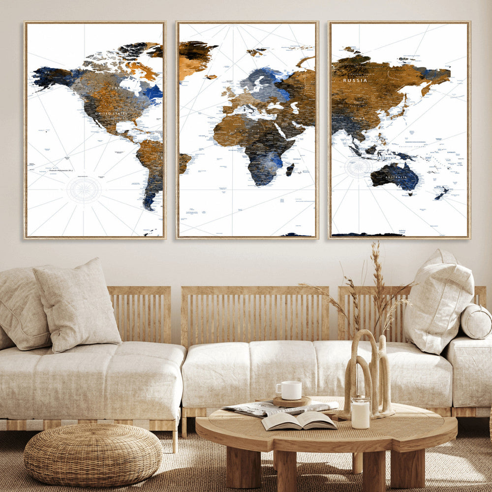 Colorful Watercolor World Map Canvas Wall Art – Framed