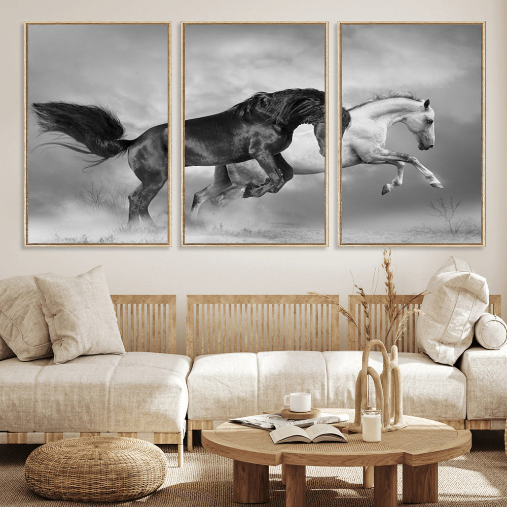 Wild Horses Wall Art Canvas Print – Framed Black and White