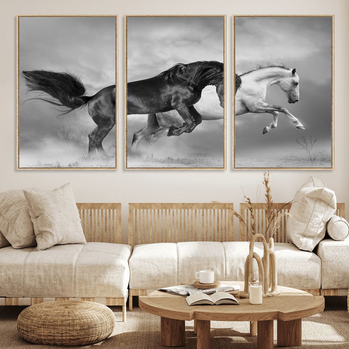 Wild Horses Wall Art Canvas Print – Framed Black and White