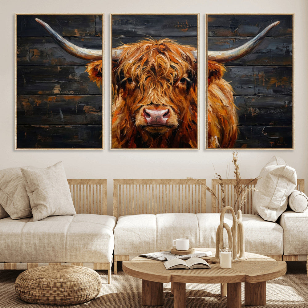 Highland Cow Wall Art Canvas Print, Rustic Farm Animal